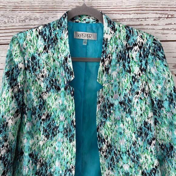 Kasper Women's Blue Green Print Open Front Blazer Jacket Size 6 - Picture 2 of 12